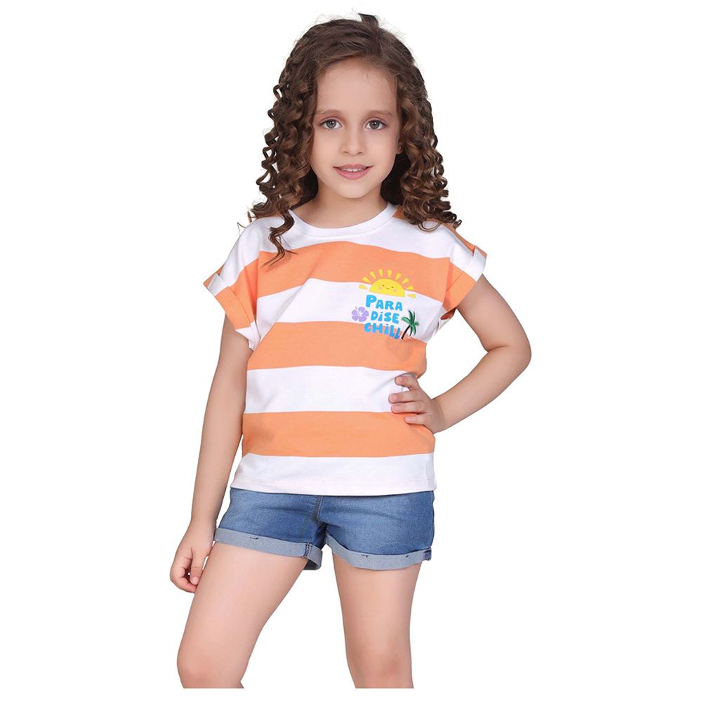 Little Kangaroos - Girl Round Neck Fold Sleeve T-Shirt - Peach/White