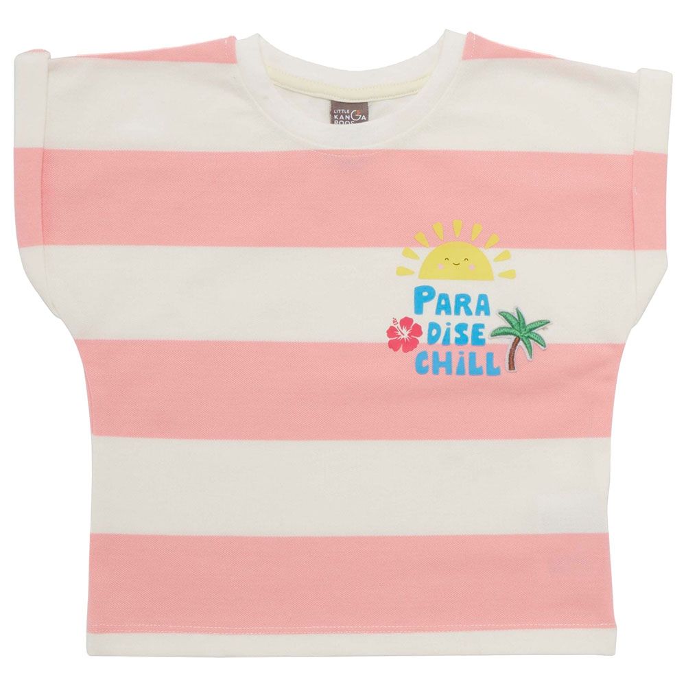 Little Kangaroos - Girl Round Neck Fold Sleeve T-Shirt - Pink/White