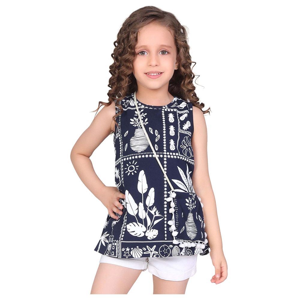 Little Kangaroos - 2pc-Set - Girl Pom-Pom Sleeveless Top w/ Bag - Navy