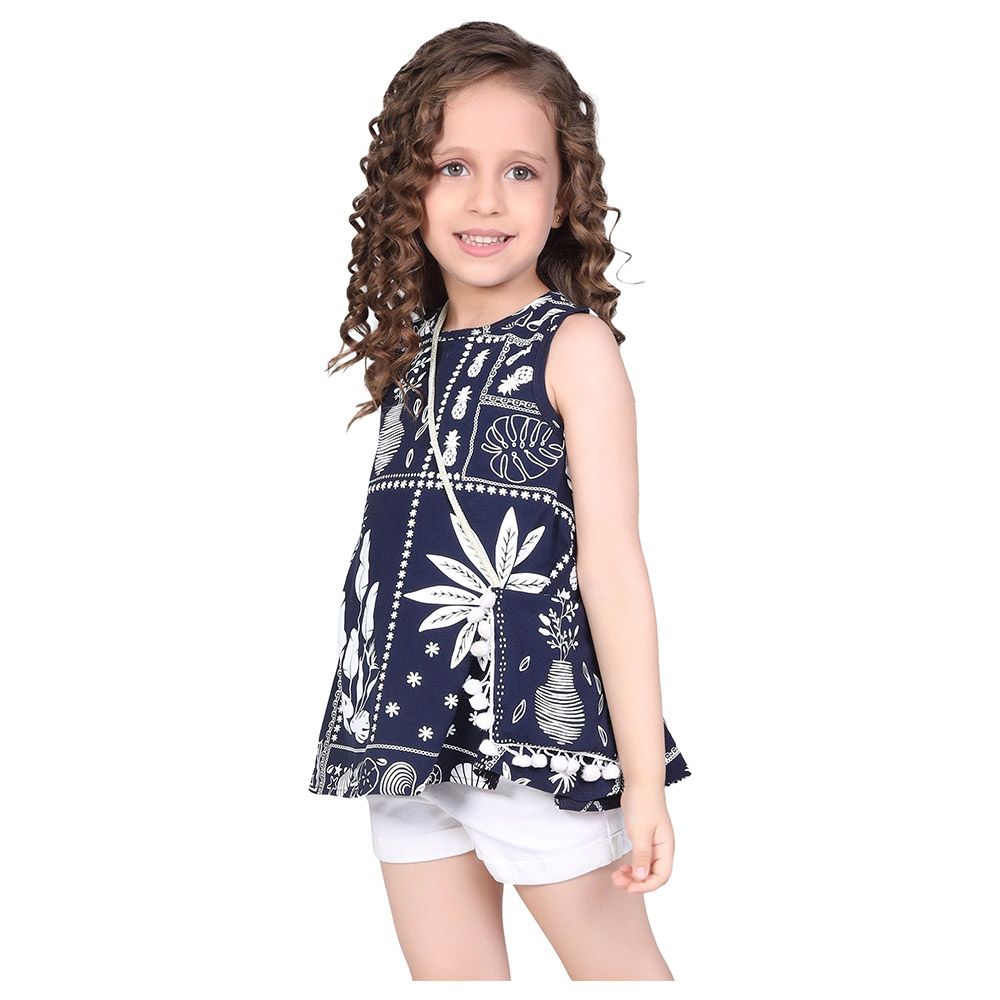 Little Kangaroos - 2pc-Set - Girl Pom-Pom Sleeveless Top w/ Bag - Navy