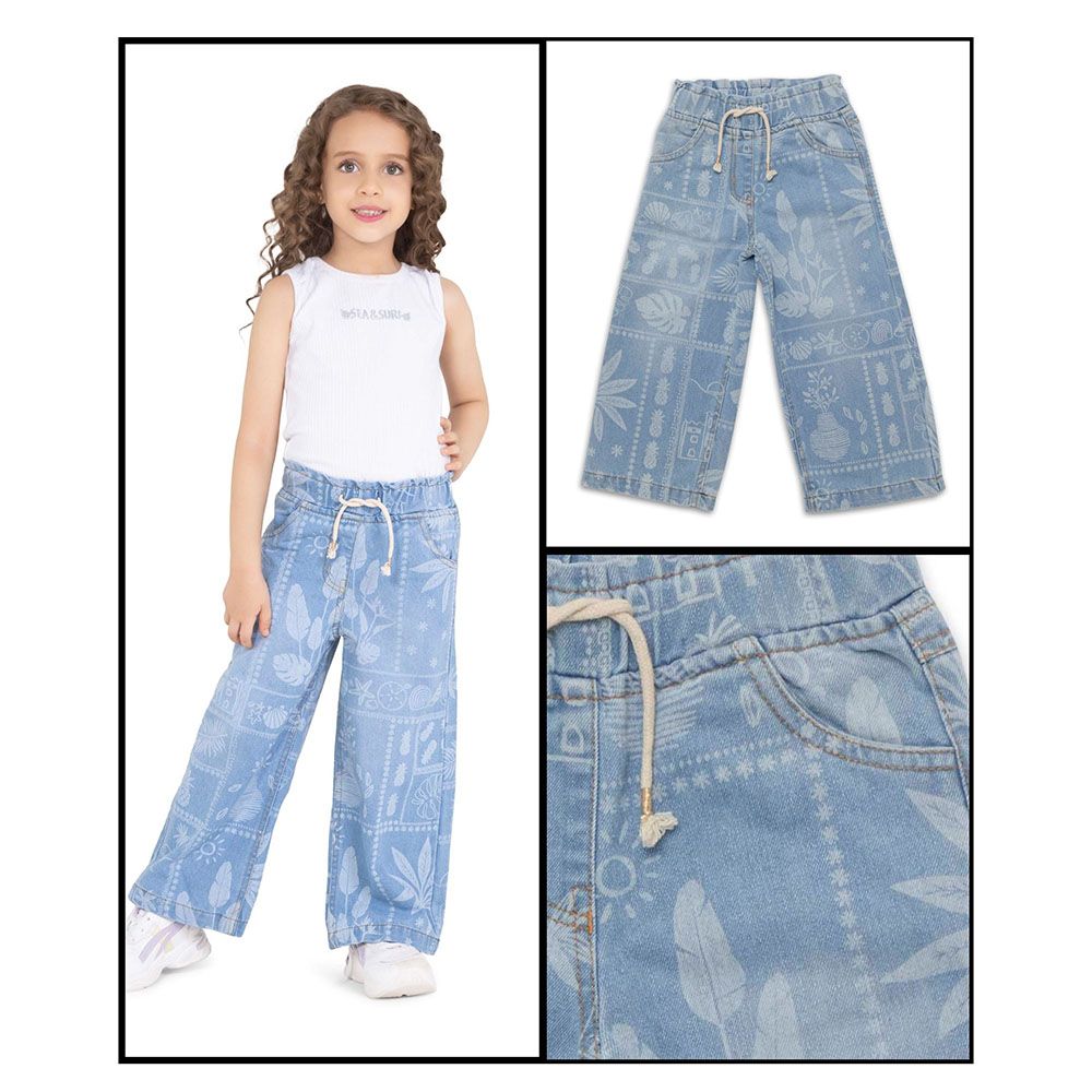 Little Kangaroos - Girl Full Elastic Printed Denim Jeans - Light Blue