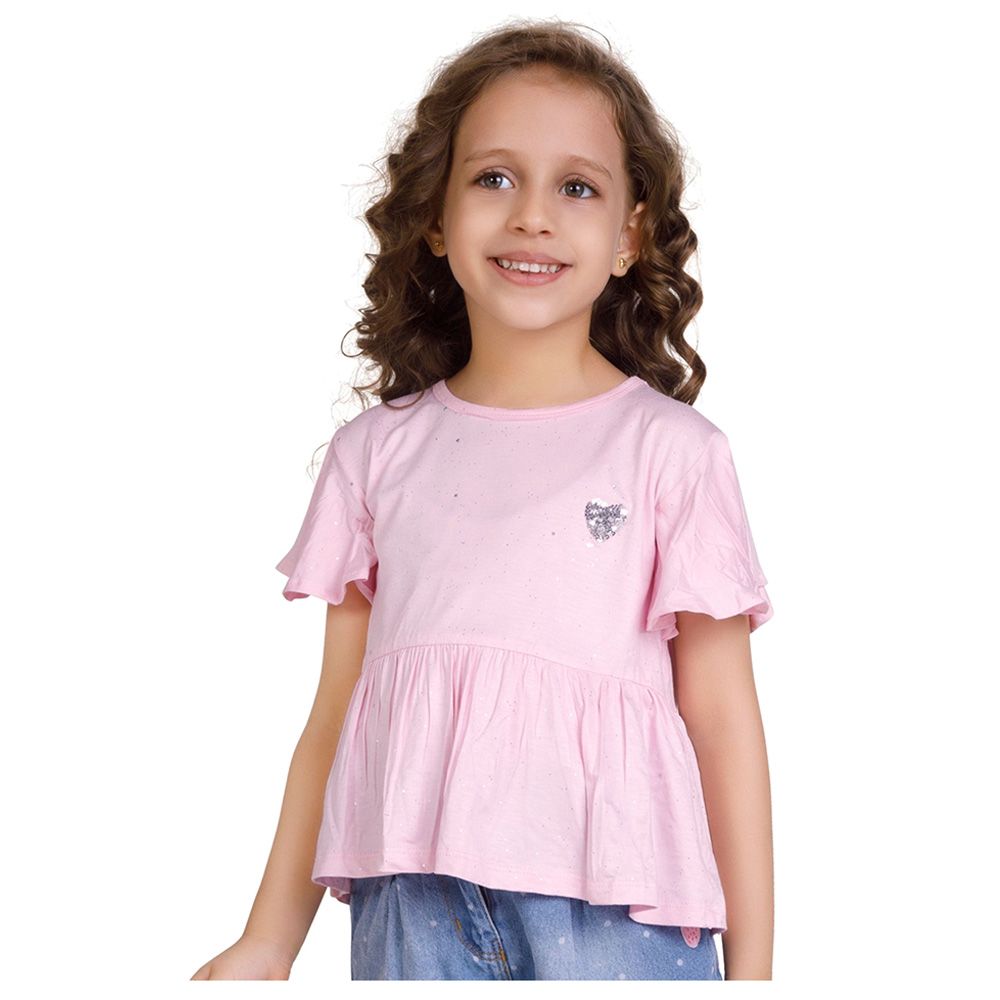 Little Kangaroos - Girl Round Neck Flare Sleeve Top - Pink