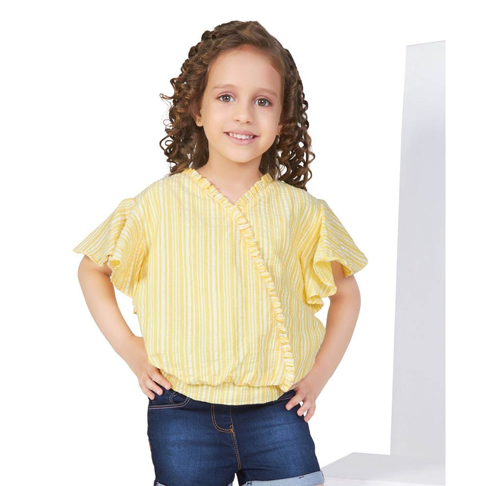 Little Kangaroos - Girl Round Neck Frill Sleeve Striped Top - Yellow