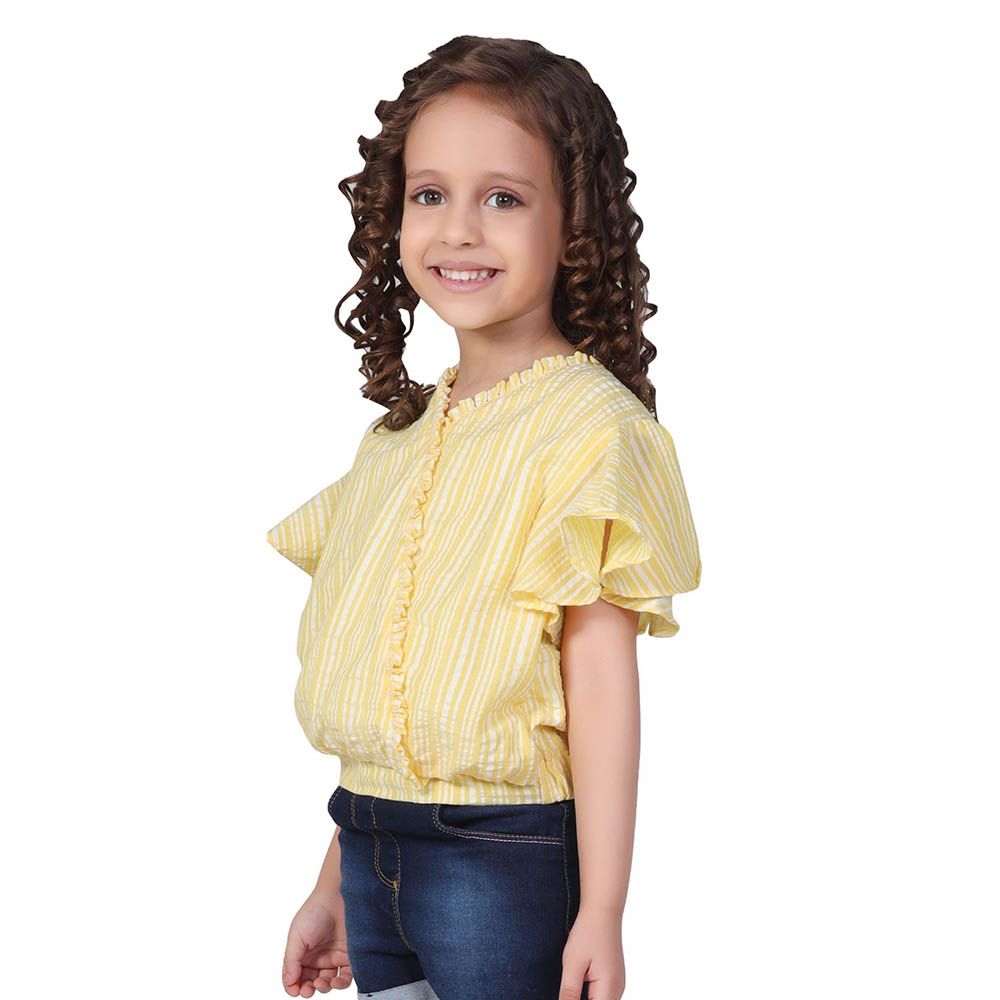 Little Kangaroos - Girl Round Neck Frill Sleeve Striped Top - Yellow