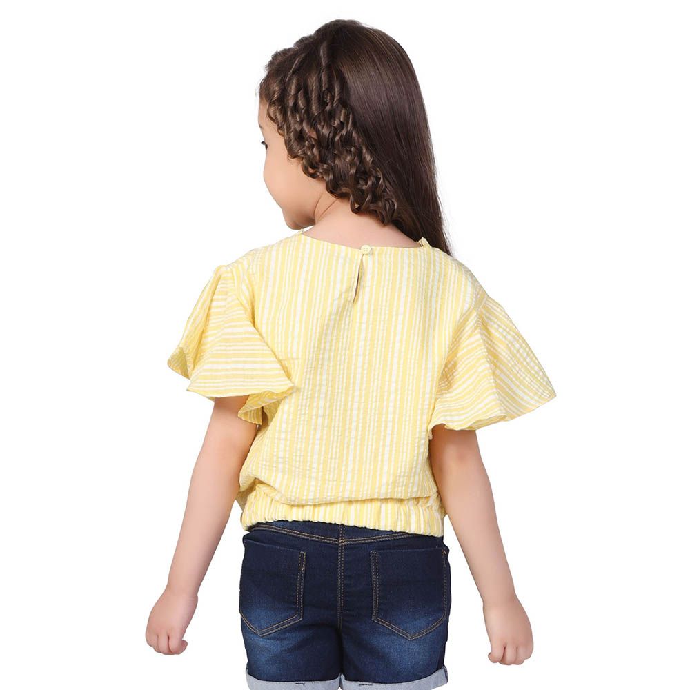 Little Kangaroos - Girl Round Neck Frill Sleeve Striped Top - Yellow