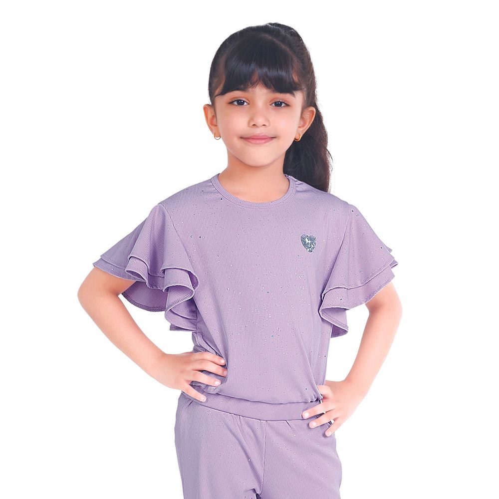 Little Kangaroos - Girl Frill Sleeve Knitted Top - Purple