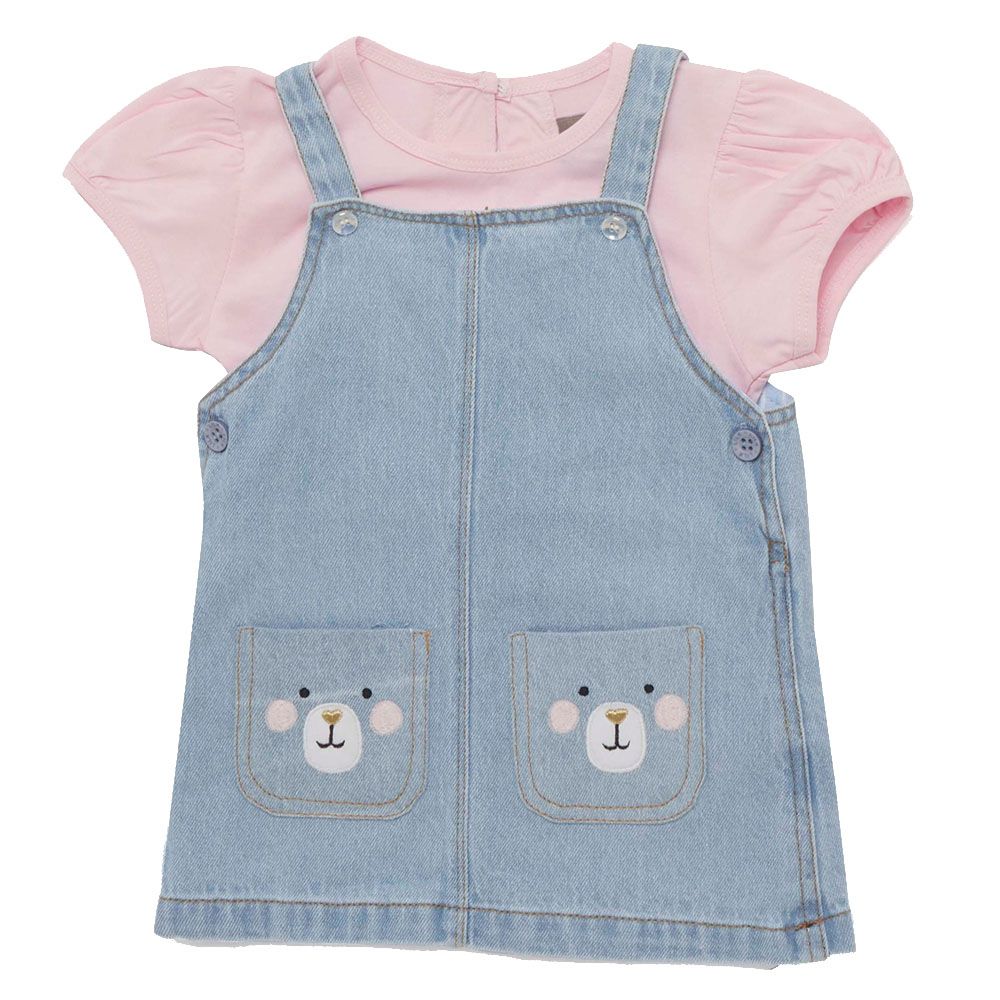 Little Kangaroos - 2pc-Set - Baby Girl T-Shirt & Denim Dress - Light Blue/Pink