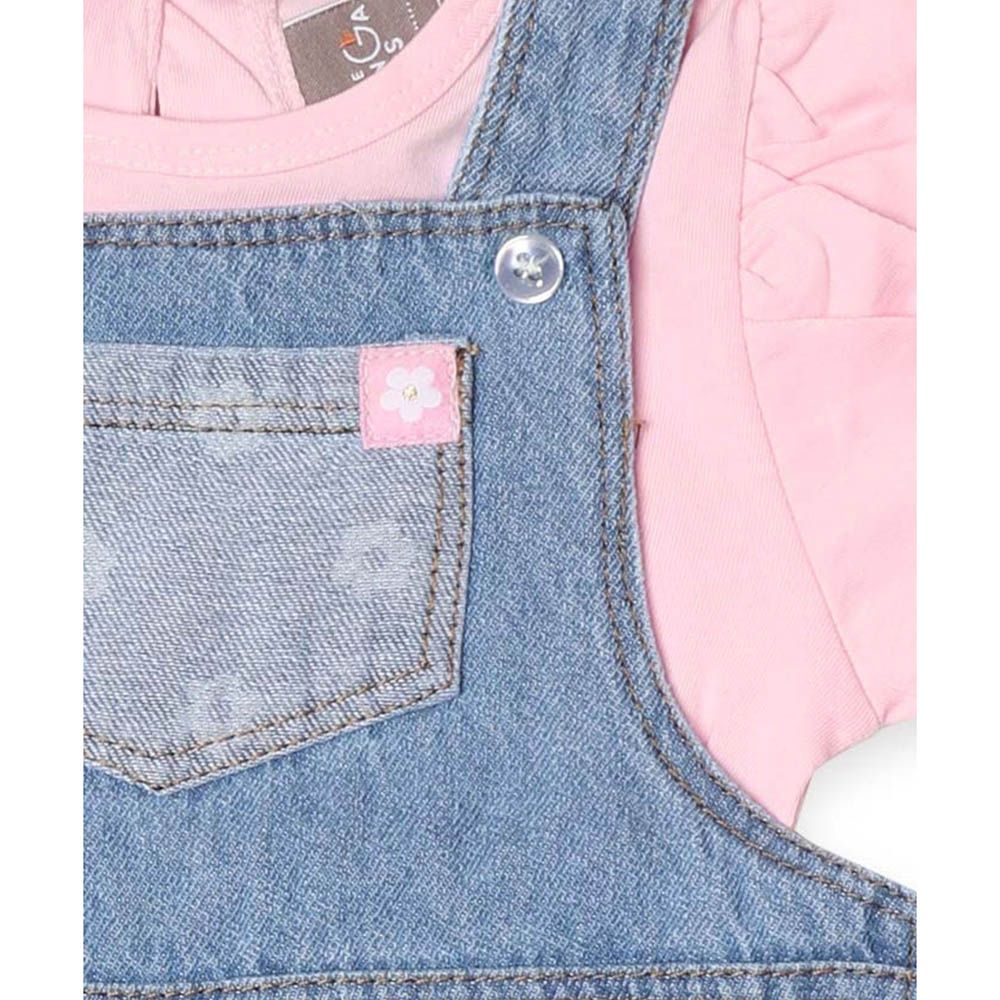 Little Kangaroos - 2pc-Set - Baby Girl Dungaree & T-Shirt - Light Blue/Pink