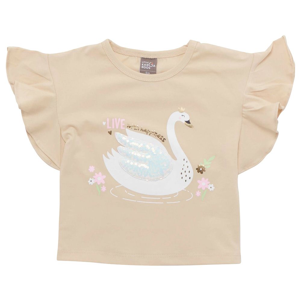 Little Kangaroos - Baby Girl Round Neck Flare Sleeve T-Shirt - Fawn