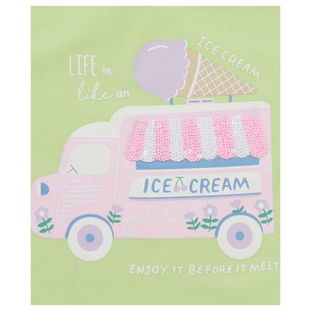 Little Kangaroos - Baby Girl Round Neck Ice-Cream Truck T-Shirt - Green