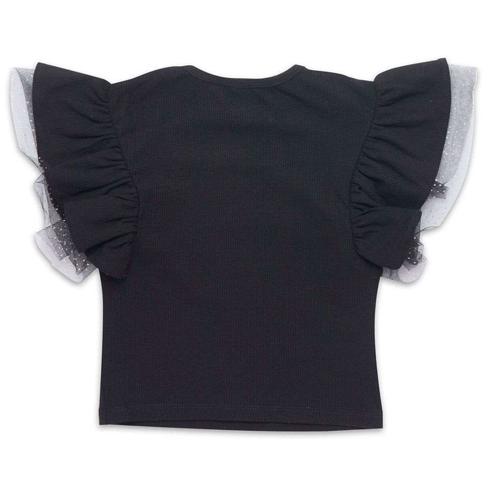 Little Kangaroos - Girl Round Neck Frill Short Sleeve T-Shirt - Black