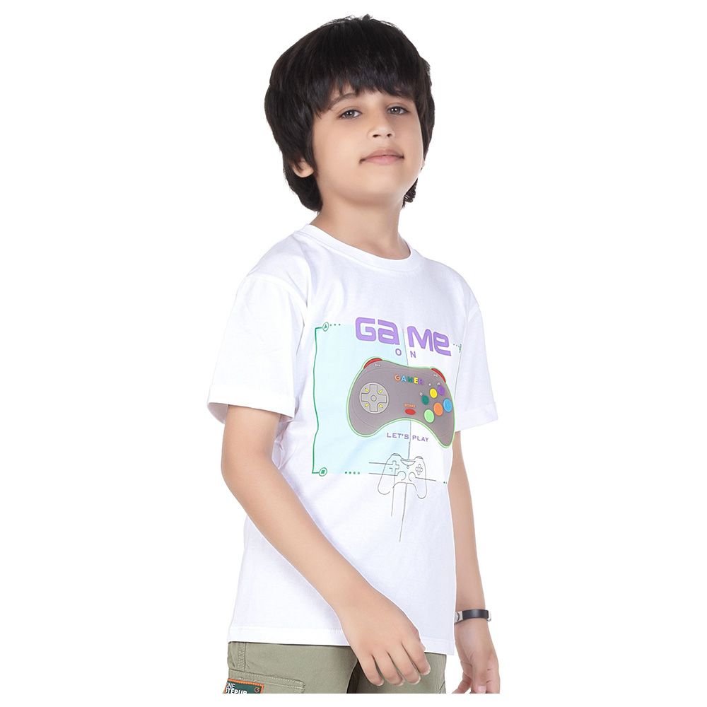 Little Kangaroos - Boy Round Neck Half Sleeve Game On T-Shirt - White