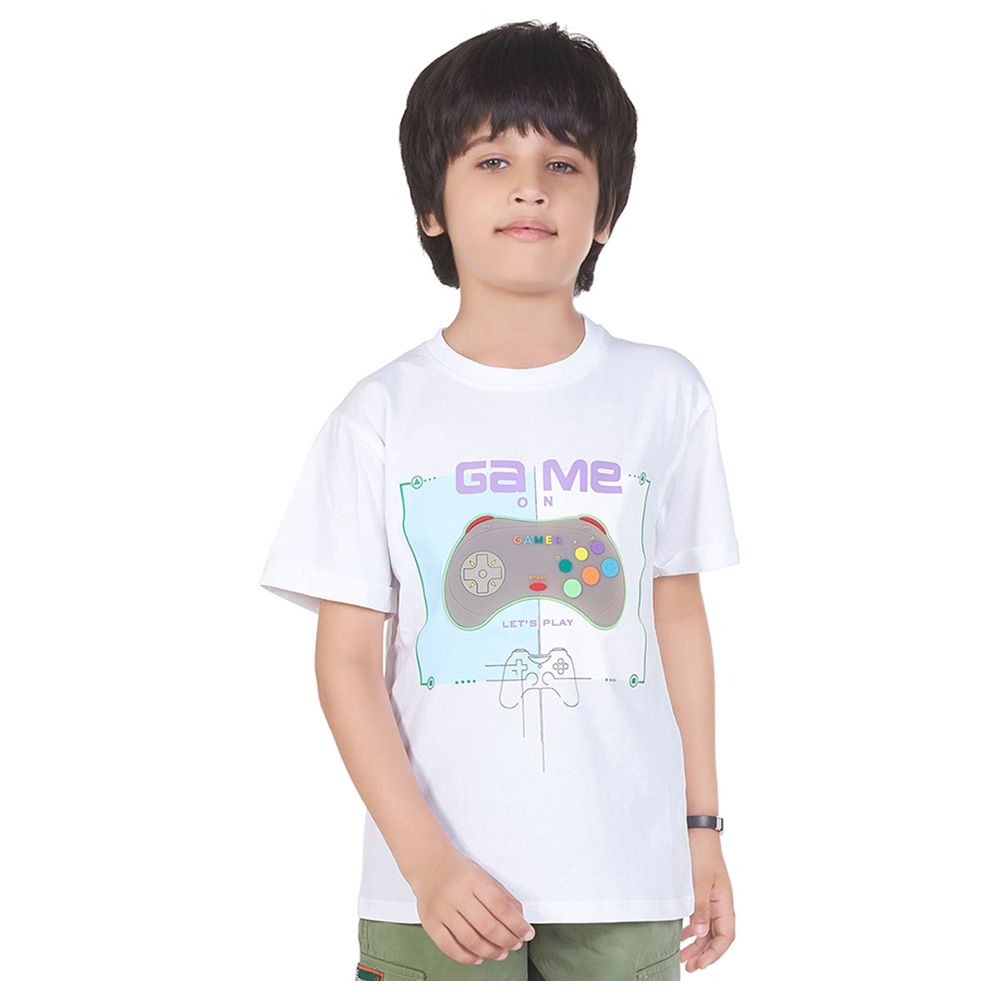 Little Kangaroos - Boy Round Neck Half Sleeve Game On T-Shirt - White