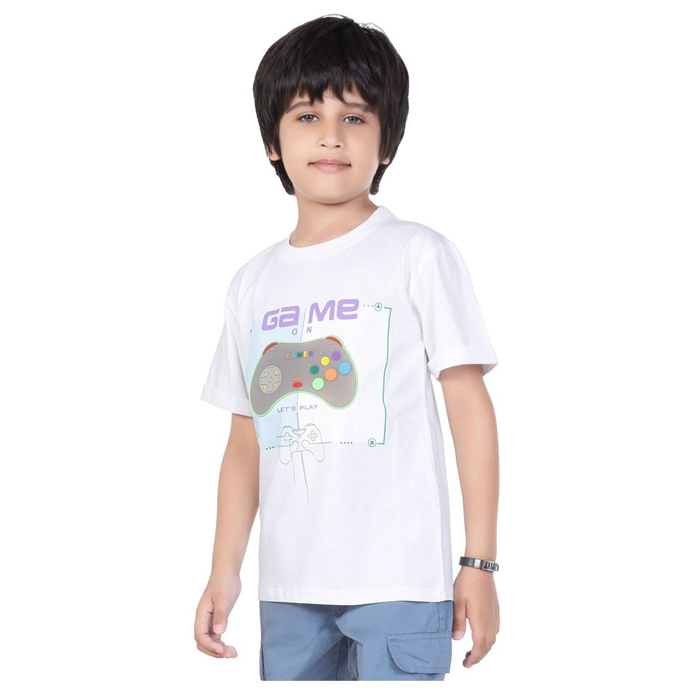 Little Kangaroos - Boy Round Neck Half Sleeve Game On T-Shirt - White