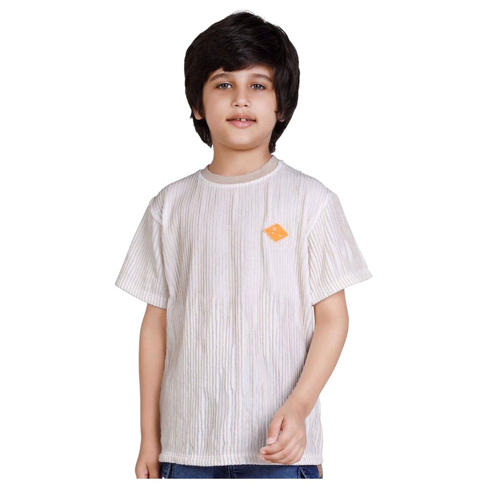 Little Kangaroos - Boy Round Neck Half Sleeve Striped T-Shirt - Fawn