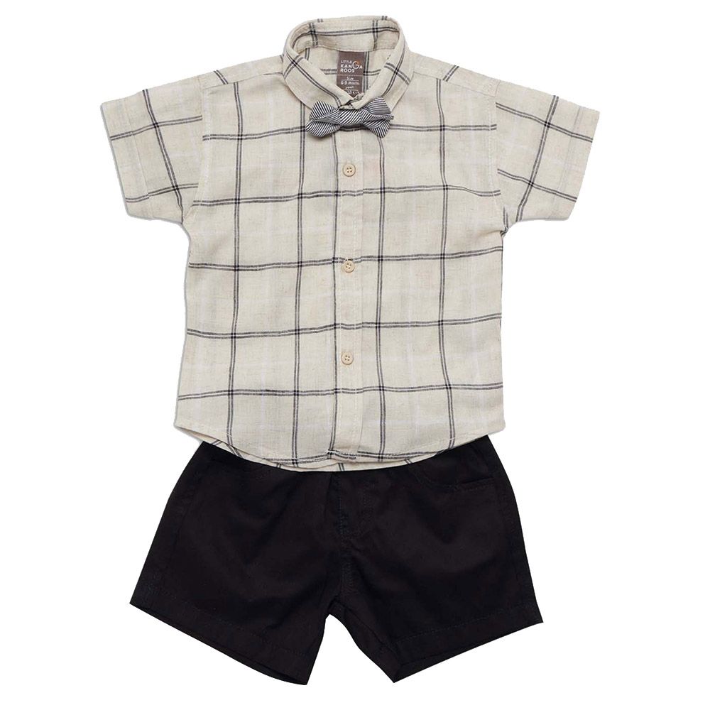 Little Kangaroos - 3pc-Set - Baby Boy Checks Shirt, Bow & Shorts - Cream/Navy