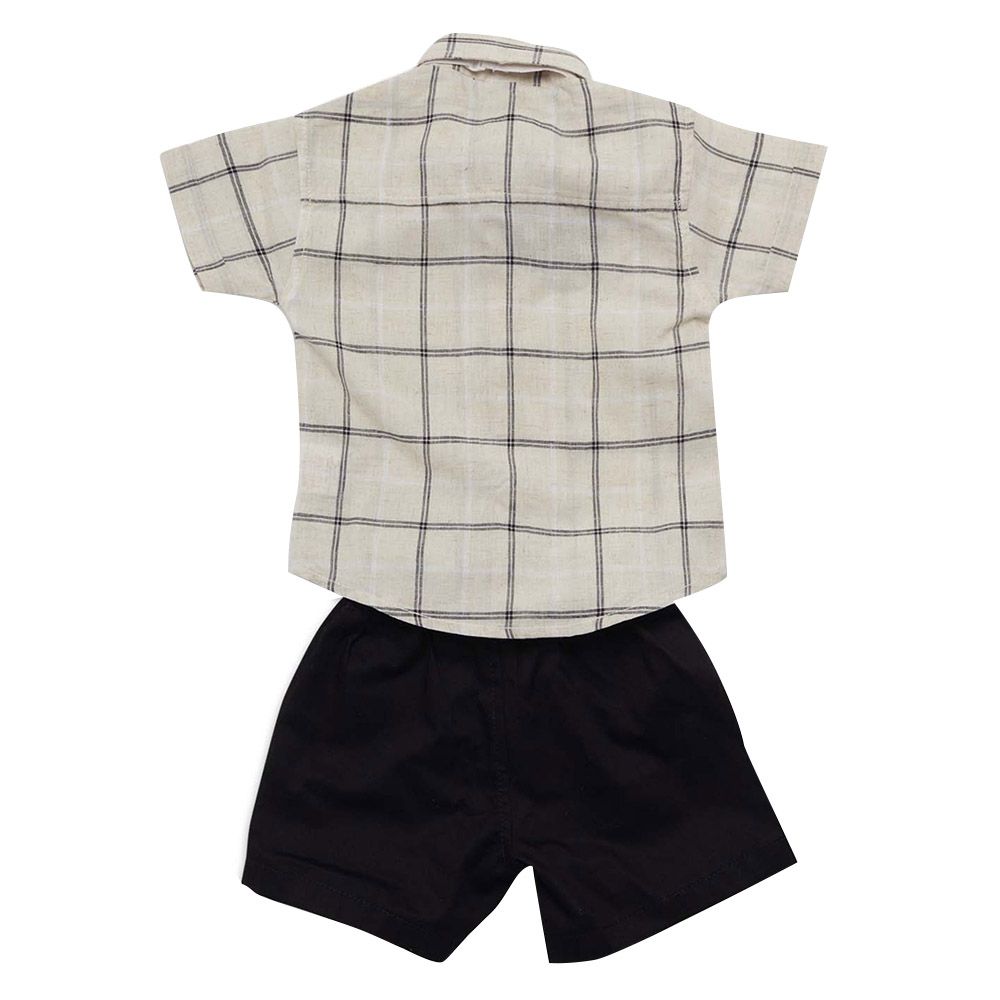 Little Kangaroos - 3pc-Set - Baby Boy Checks Shirt, Bow & Shorts - Cream/Navy