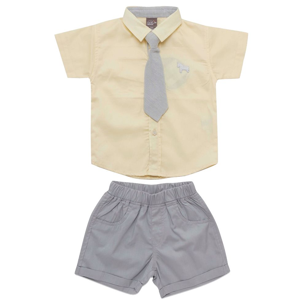 Little Kangaroos - 3pc-Set - Baby Boy Shirt, Tie & Shorts - Yellow/Grey