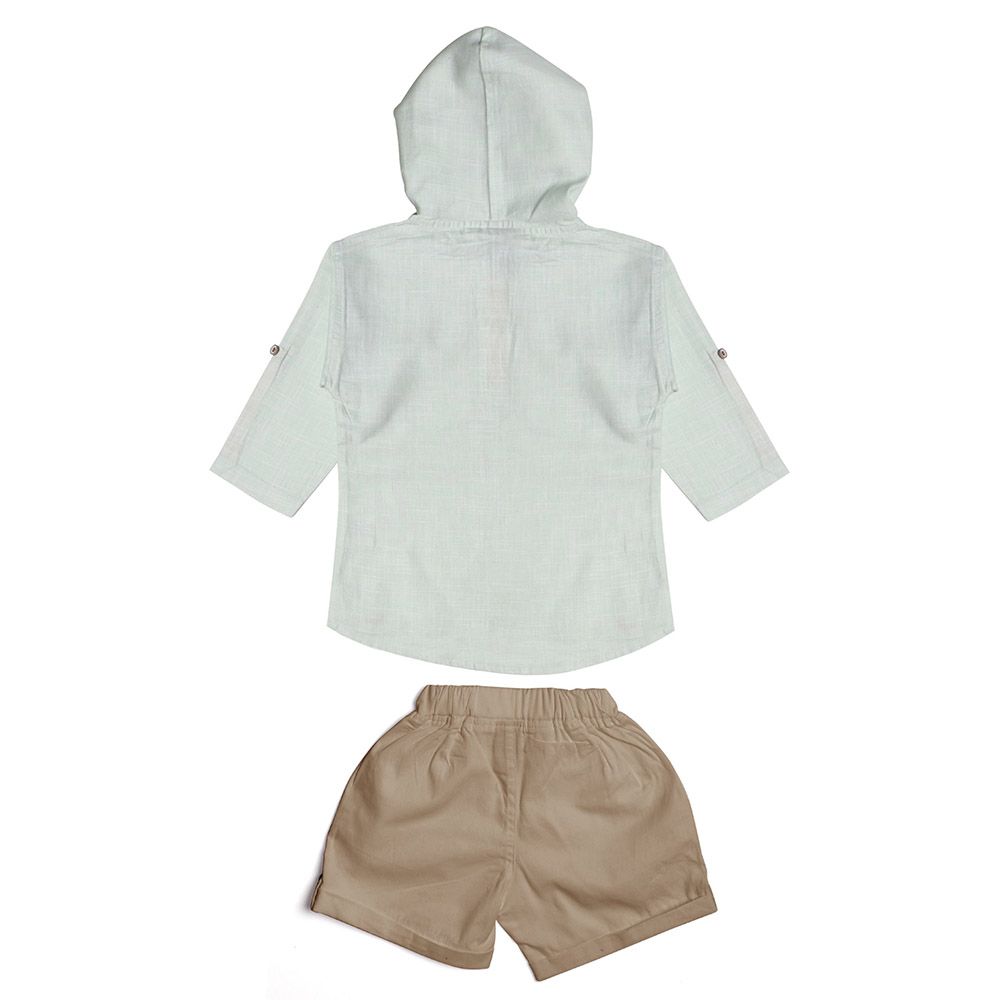 Little Kangaroos - 2pc-Set - Baby Boy Hooded Kurta Shirt & Shorts - Pista/Olive