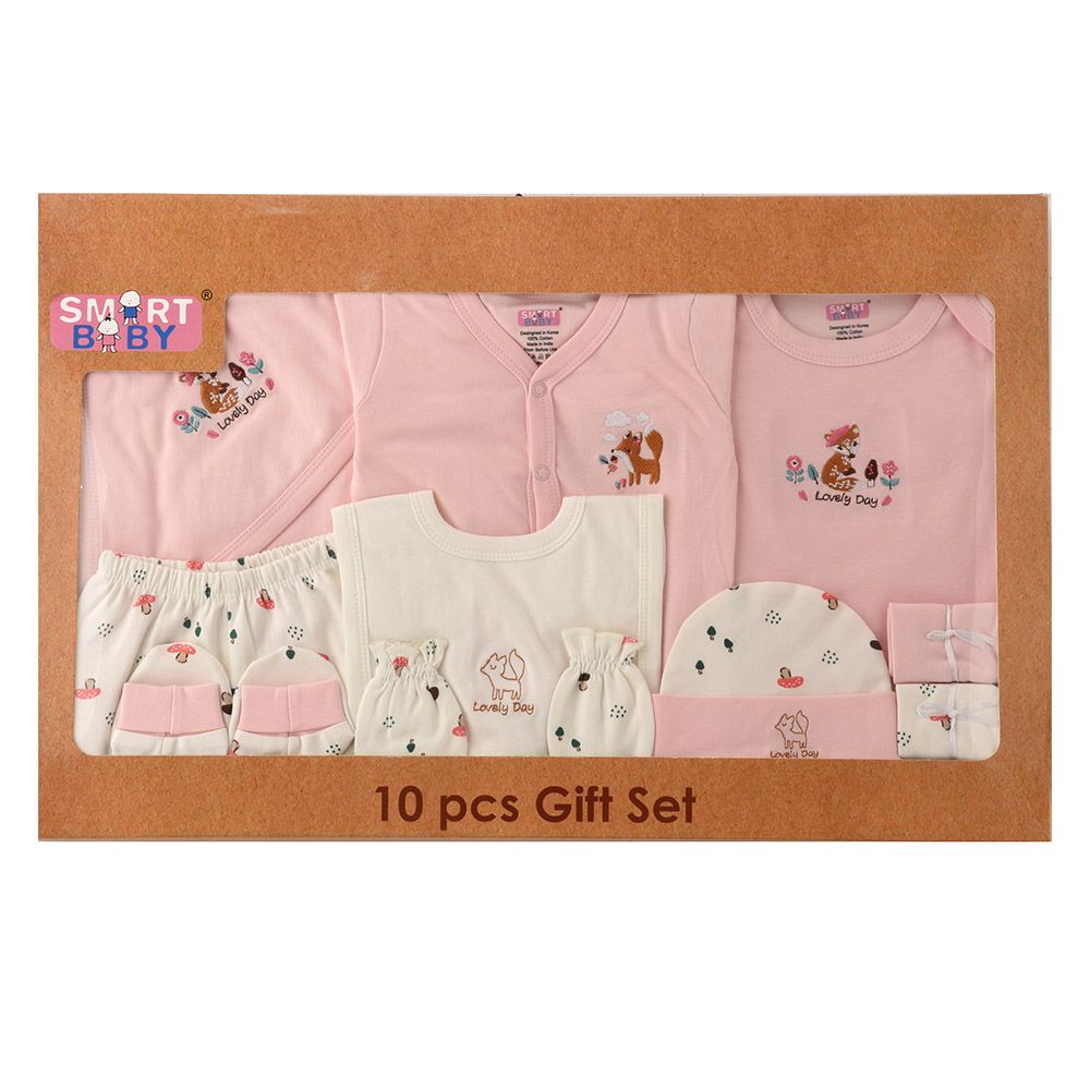 Smart Baby - 10pc-Set - Baby Girl All Over Printed Gift Set - Light Pink