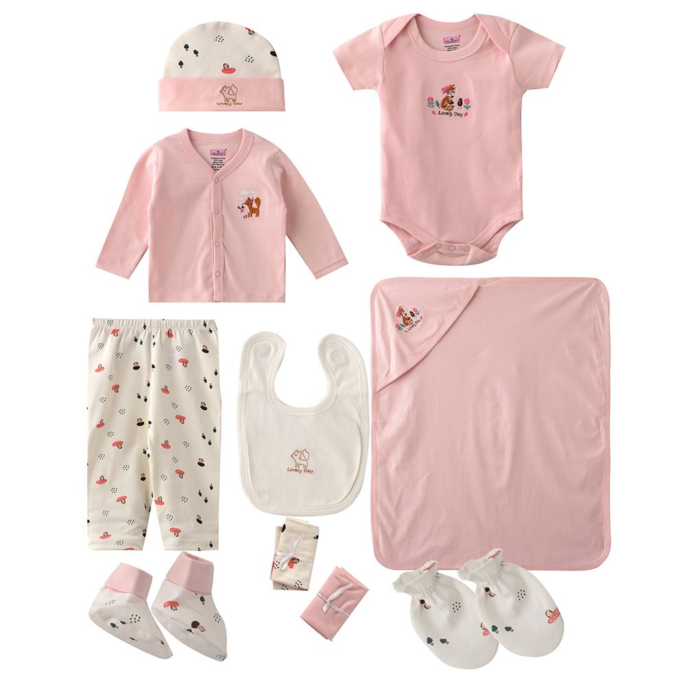 Smart Baby - 10pc-Set - Baby Girl All Over Printed Gift Set - Light Pink