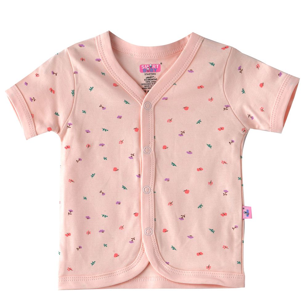 Smart Baby - Baby Girl Printed Short Sleeve Front Open Top - Pink