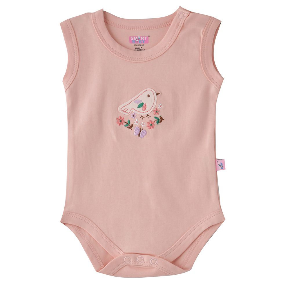 Smart Baby - Baby Girl Bird Embroidery Sleeveless Bodysuit - Pink