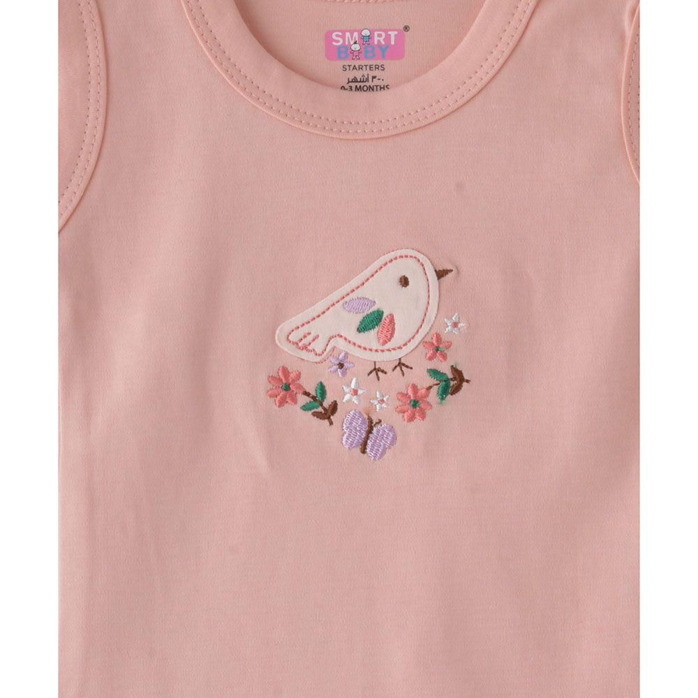 Smart Baby - Baby Girl Bird Embroidery Sleeveless Bodysuit - Pink