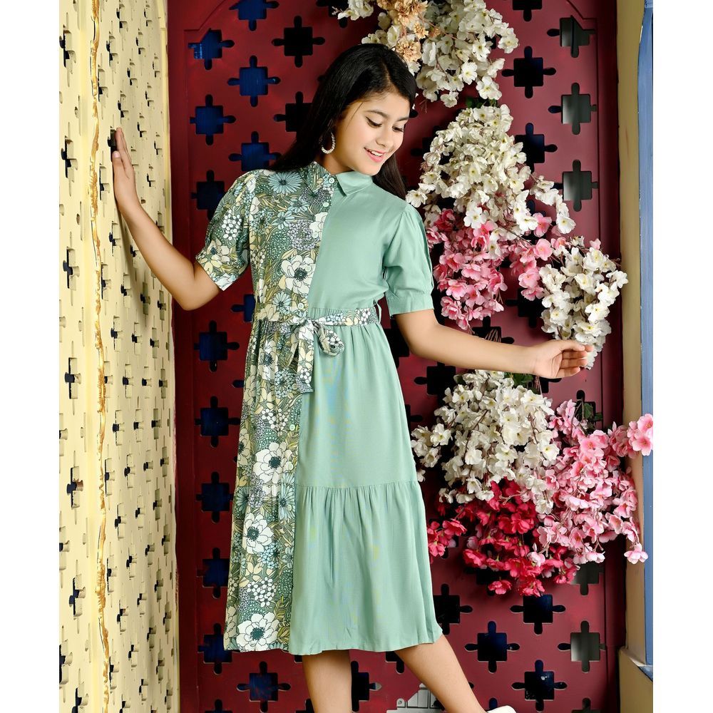 Flower Girl - Girl Floral Print Dress - Green