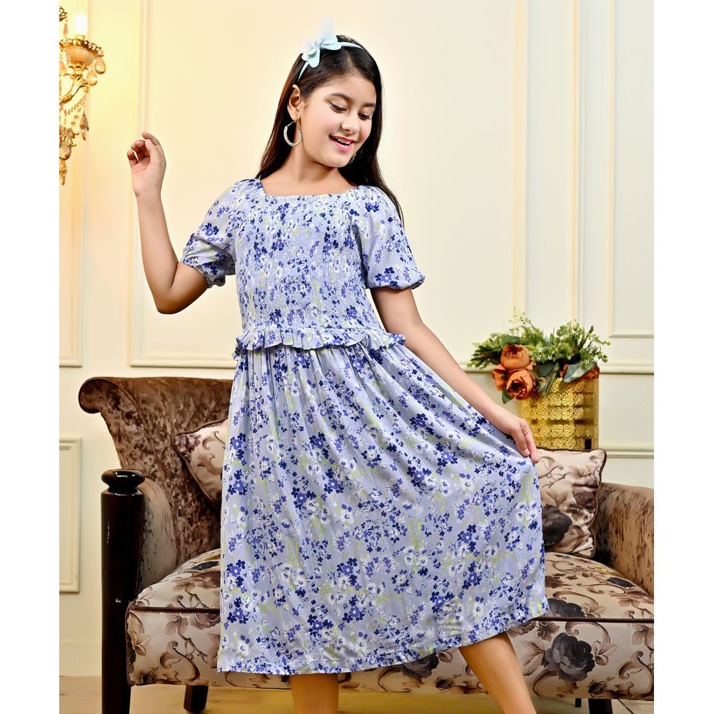 Flower Girl - Girl Flower Printed Dress - Blue