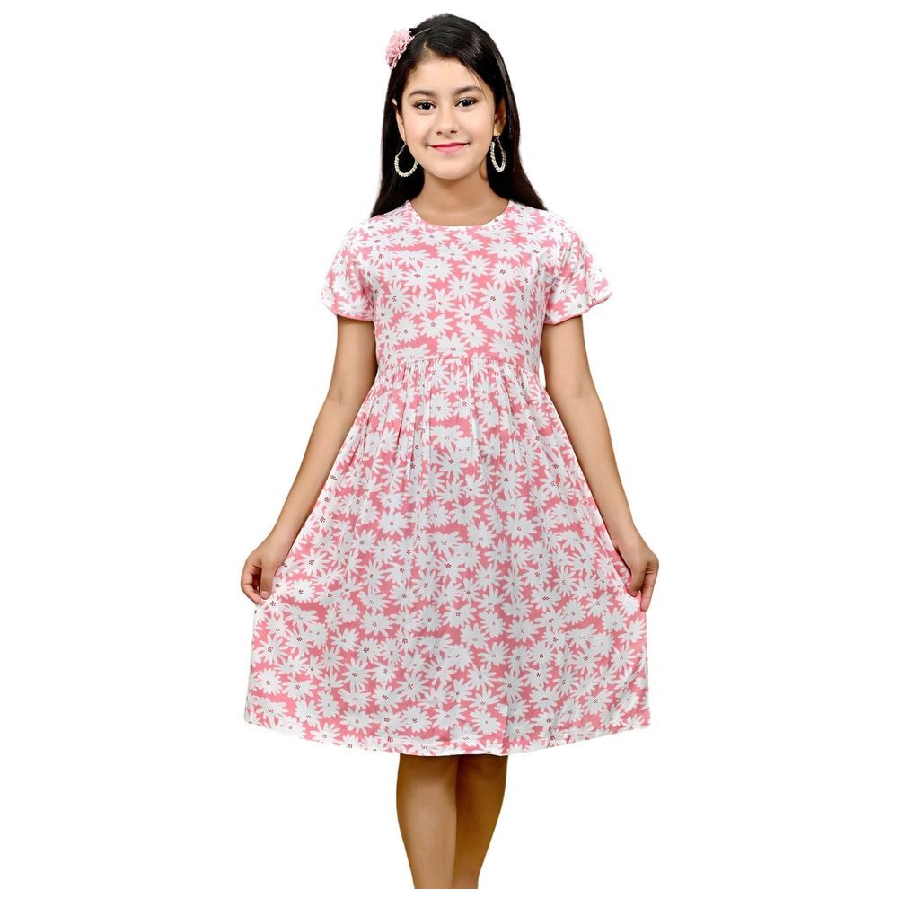 Flower Girl - Girl Flower Printed Dress - White/Pink