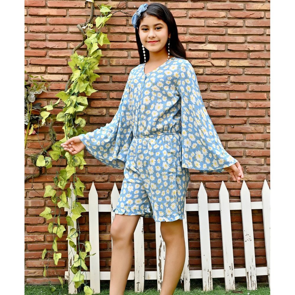 Flower Girl - Girl Printed Playsuit - Blue