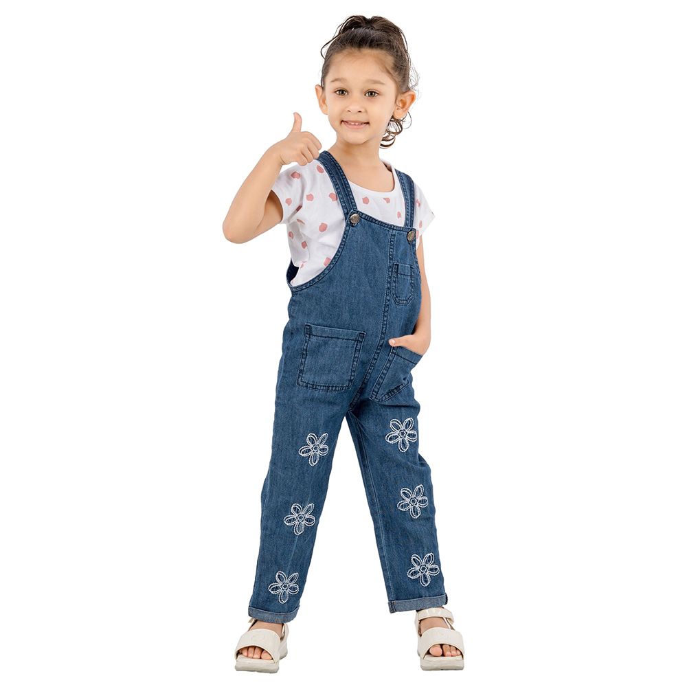 Flower Girl - 2pc-Set - Girl Dungaree And T-Shirt - Pink/Denim