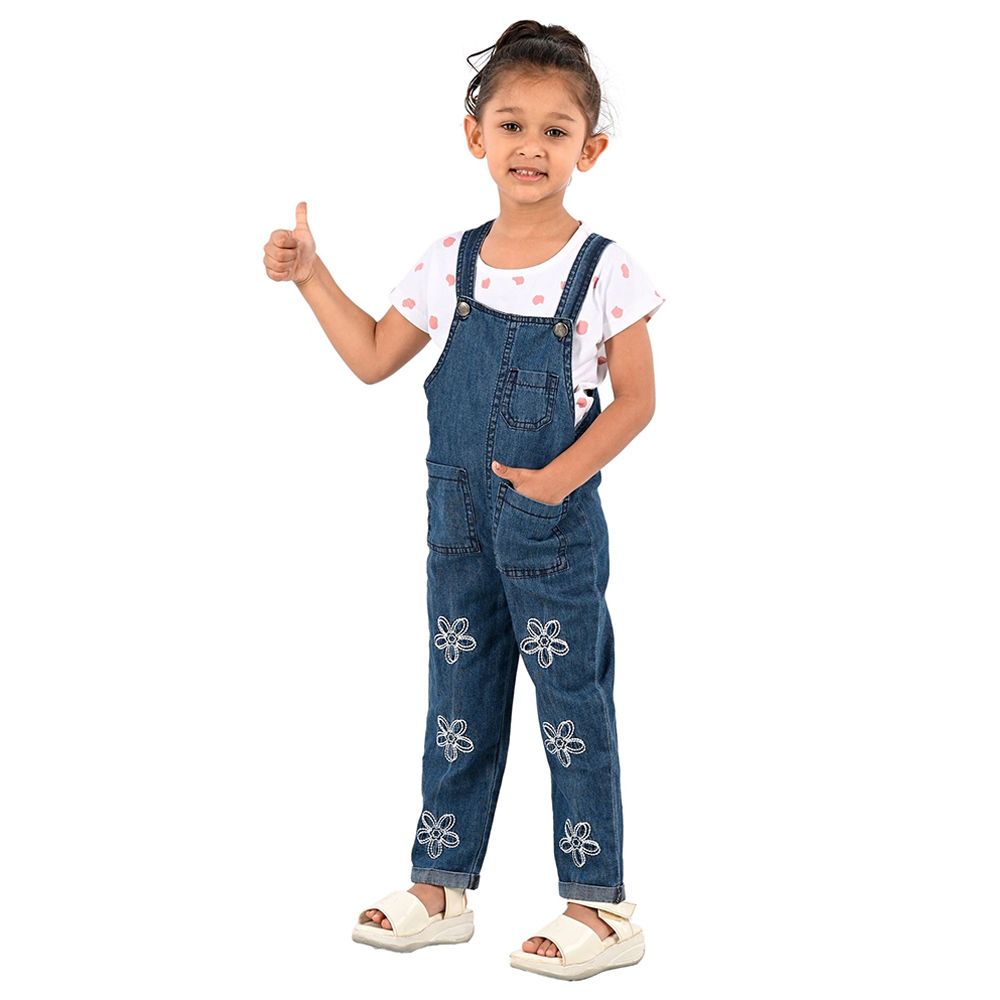 Flower Girl - 2pc-Set - Girl Dungaree And T-Shirt - Pink/Denim