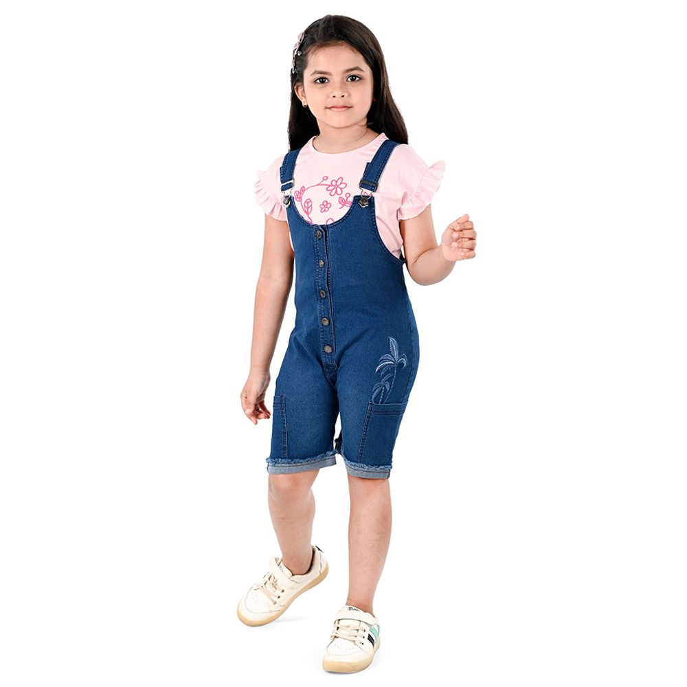 Flower Girl - 2pc-Set - Girl Dungaree And T-Shirt - Pink/Blue