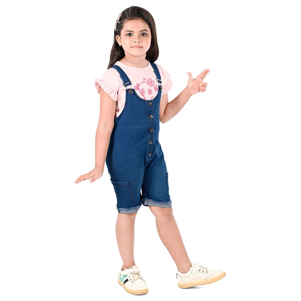 Flower Girl - 2pc-Set - Girl Dungaree And T-Shirt - Pink/Blue