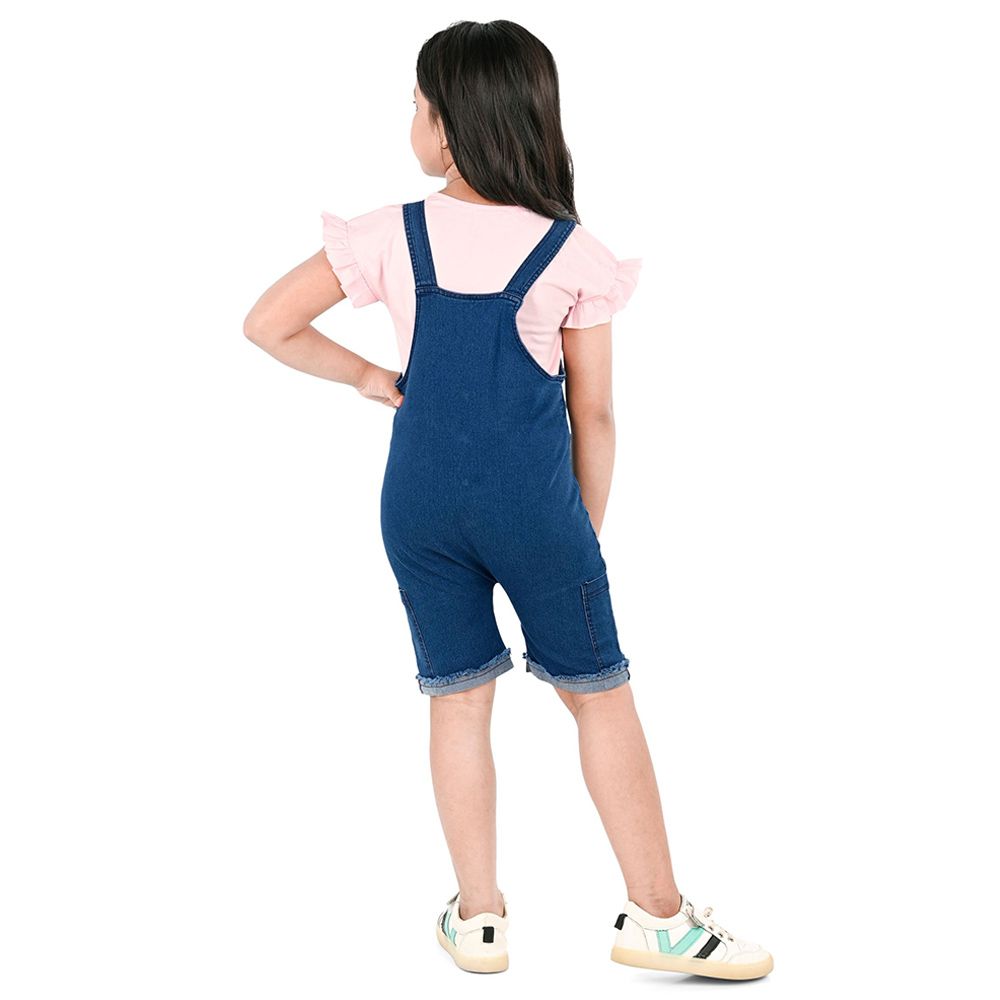 Flower Girl - 2pc-Set - Girl Dungaree And T-Shirt - Pink/Blue