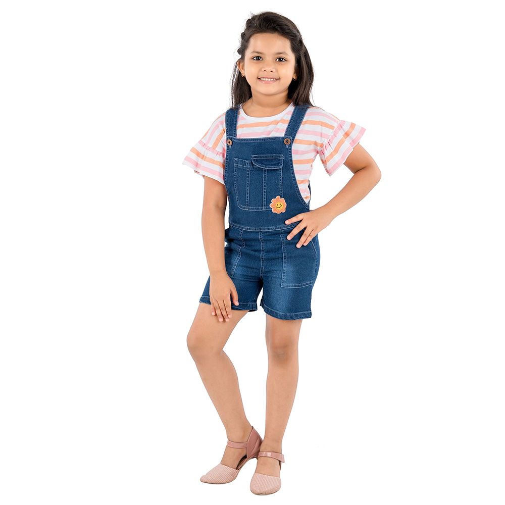 Flower Girl - 2pc-Set - Girl Dungaree And T-Shirt - Pink/Denim Blue