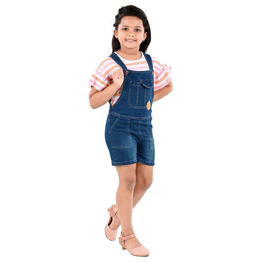 Flower Girl - 2pc-Set - Girl Dungaree And T-Shirt - Pink/Denim Blue