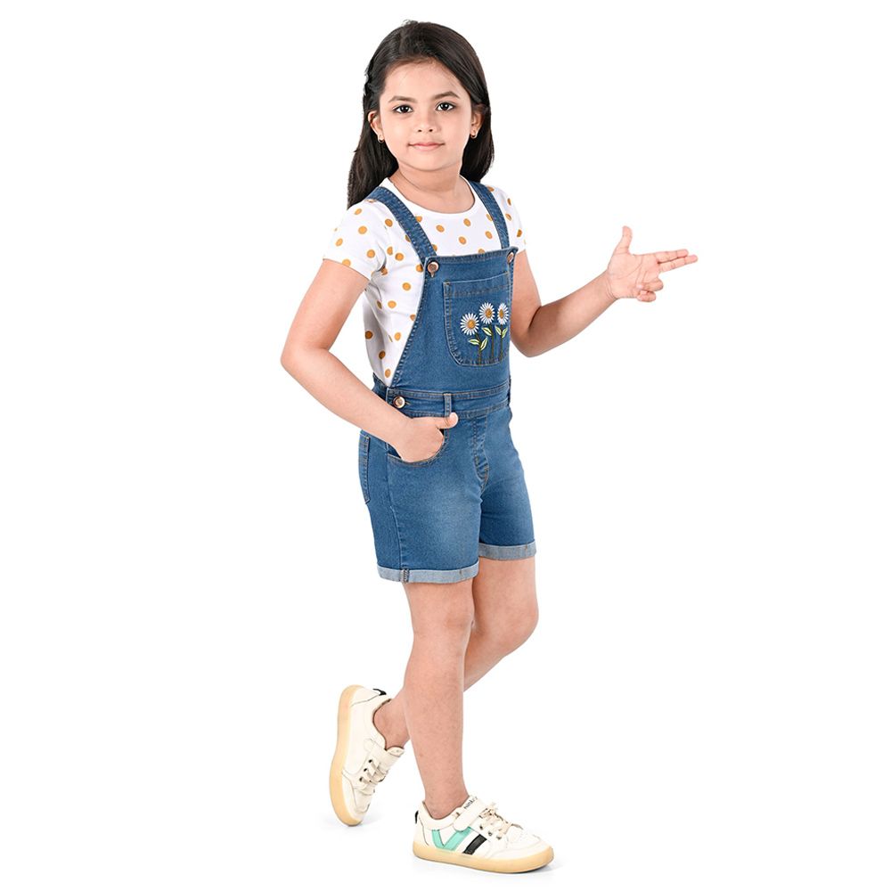 Flower Girl - 2pc-Set - Girl Dungaree And T-Shirt - White/Blue