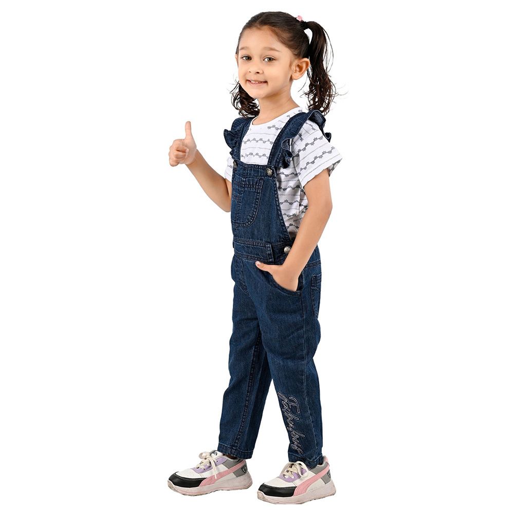 Flower Girl - 2pc-Set - Girl Dungaree And T-Shirt - White/Denim Blue