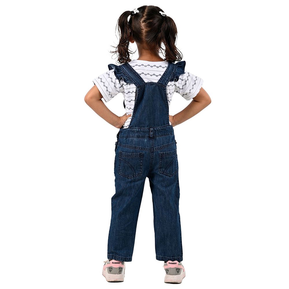 Flower Girl - 2pc-Set - Girl Dungaree And T-Shirt - White/Denim Blue