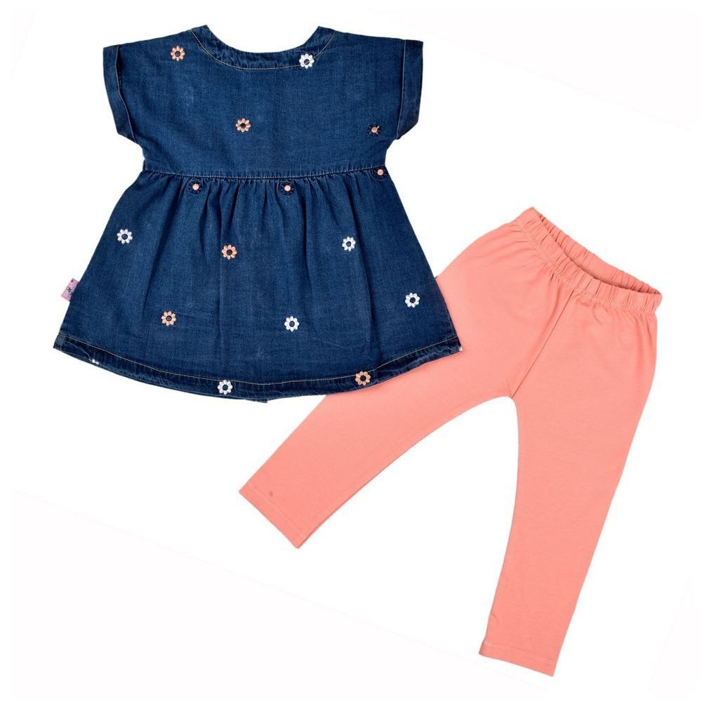 Smart Baby - 2pc-Set - Round Neck Dress & Leggings - Blue/Pink