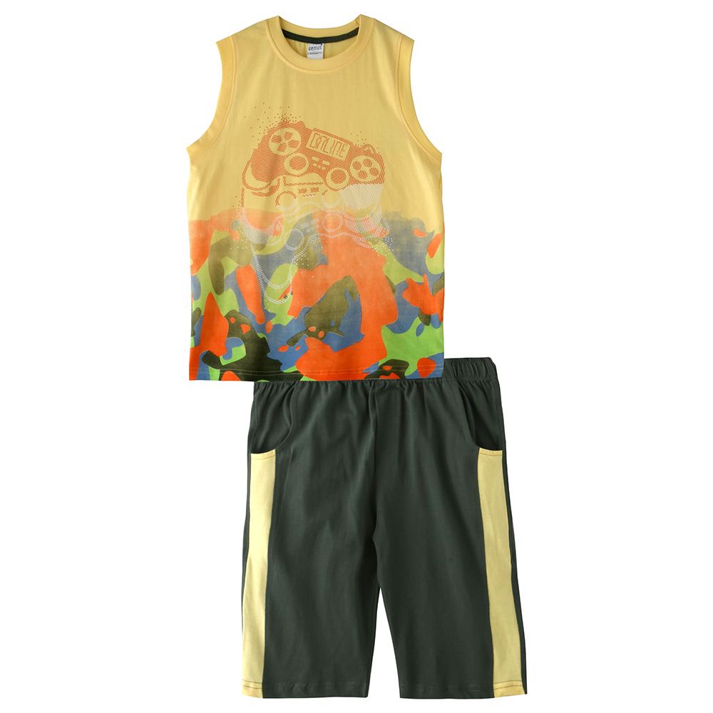 Genius - 2pc-set - Boy sleeveless T-shirt and Bermuda - Yellow/Olive