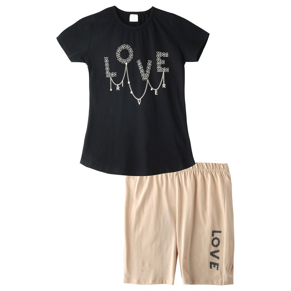 Genius - 2pc-set - Girl Half sleeves T-shirt and Shorts - Black/Beige