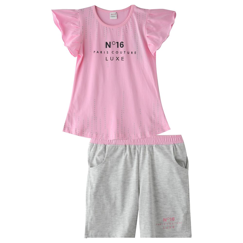 Genius - 2pc-set - Girl Half sleeves T-shirt and Shorts - Pink/Grey