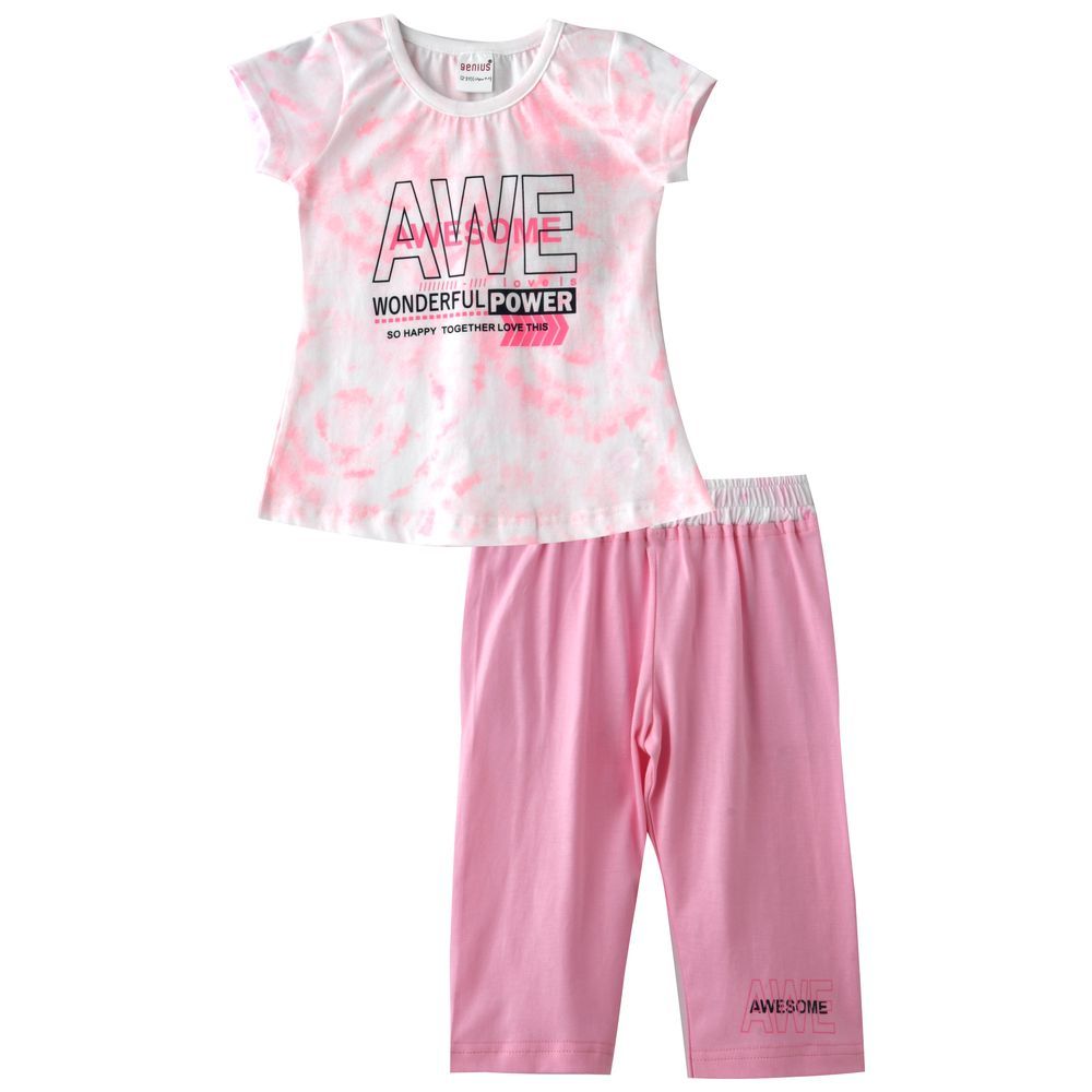 Genius - 2pc-Set - Girl Half Sleeves Top & Capri - White/Pink