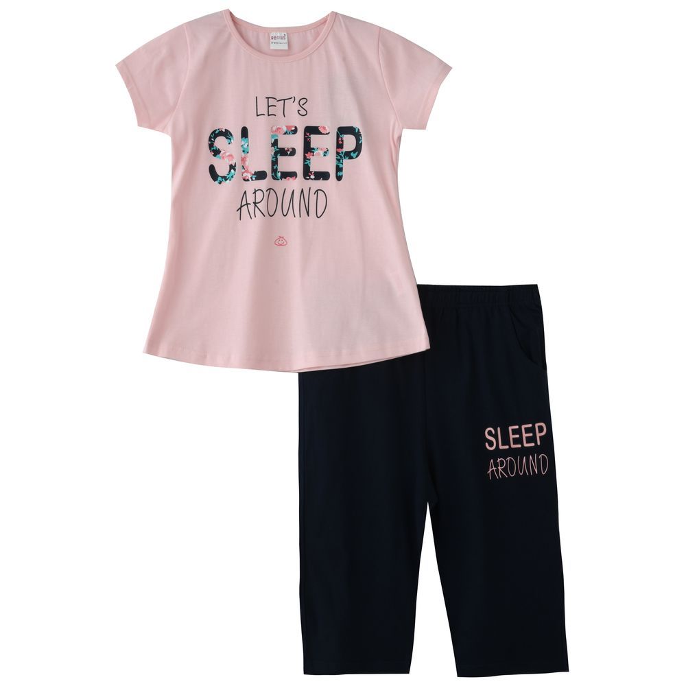 Genius - 2pc-Set - Girl Half Sleeves Top & Capri - Pink/Black