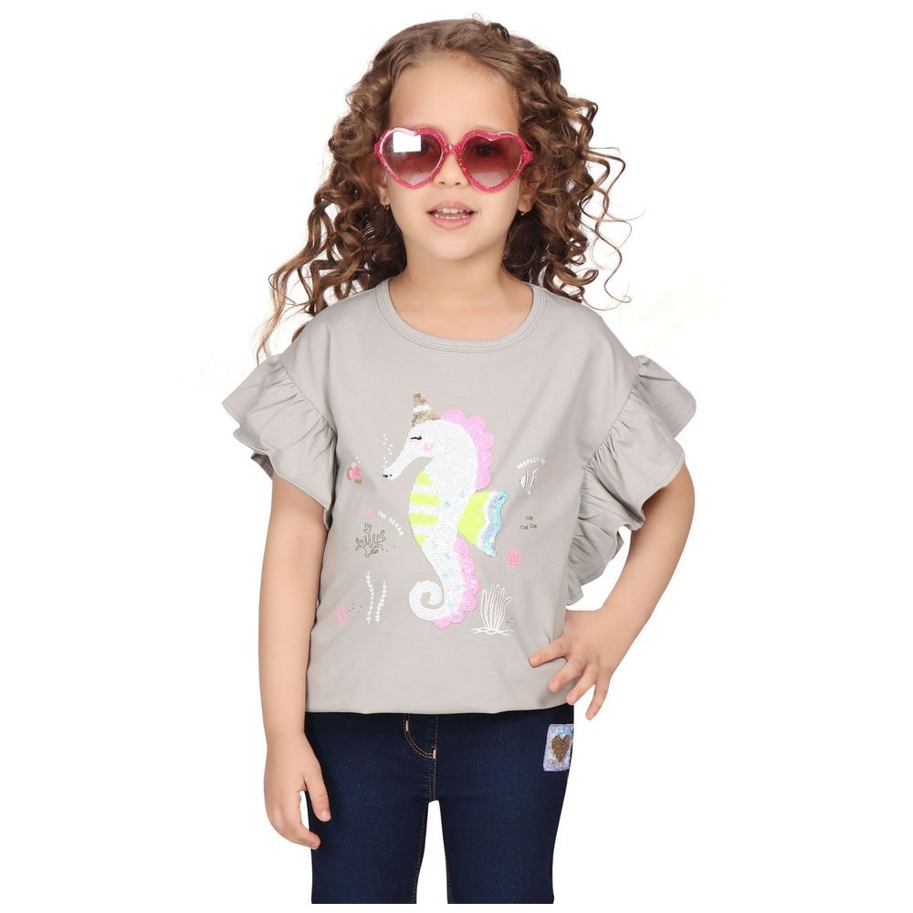 Little Kangaroos - Girl Sequins Sea Horse Top - Grey