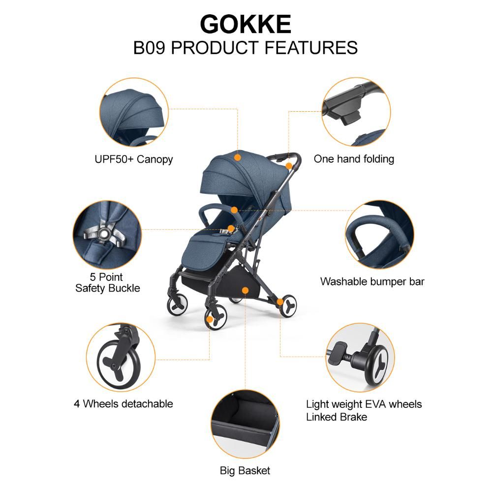 Gokke - Compact Lighweight Baby Stroller - Navy Blue